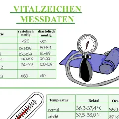 Tabellen zeigen vitale Zeichen normwerte für Blutdruck und Temperatur. Ein Blutdruckmessgerät ist abgebildet.