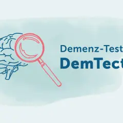 Gehirn mit Lupe, die den DemTect-Test und seine Auswertung symbolisiert.