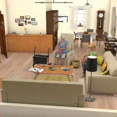 Gemütliches Wohnzimmer (Demenz) mit zwei Frauen, die stricken, einem Hund und einem Rollator.