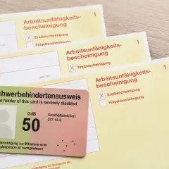 Schwerbehindertenausweis mit GdB 50 und Arbeitsunfähigkeitsbescheinigungen. Dies kann auf eine schwere Behinderung, wie z.B. Parkinson, hindeuten, die eine solche Bescheinigung erfordert.