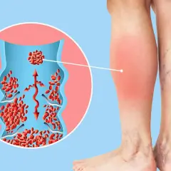 Illustration zeigt ein Bein mit Rötung und Schwellung, verbunden mit einer Veranschaulichung eines Blutgerinnsels in einer Vene. Verdacht auf Thrombose.