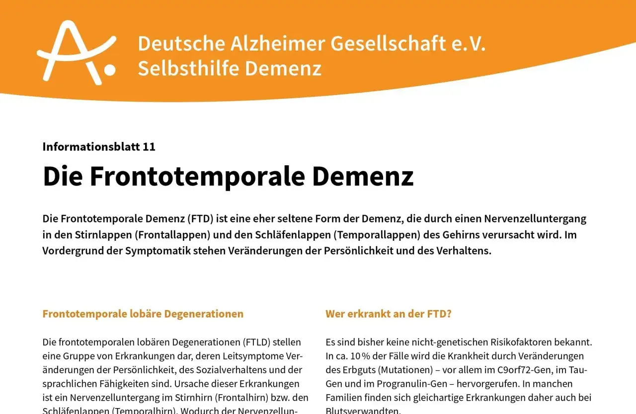 Informationsblatt über frontotemporale Demenz, eine seltene Form, die Persönlichkeits- und Verhaltensänderungen verursacht.